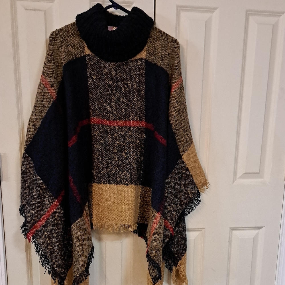 FADED GLORY Plaid Turtleneck Poncho Sweater